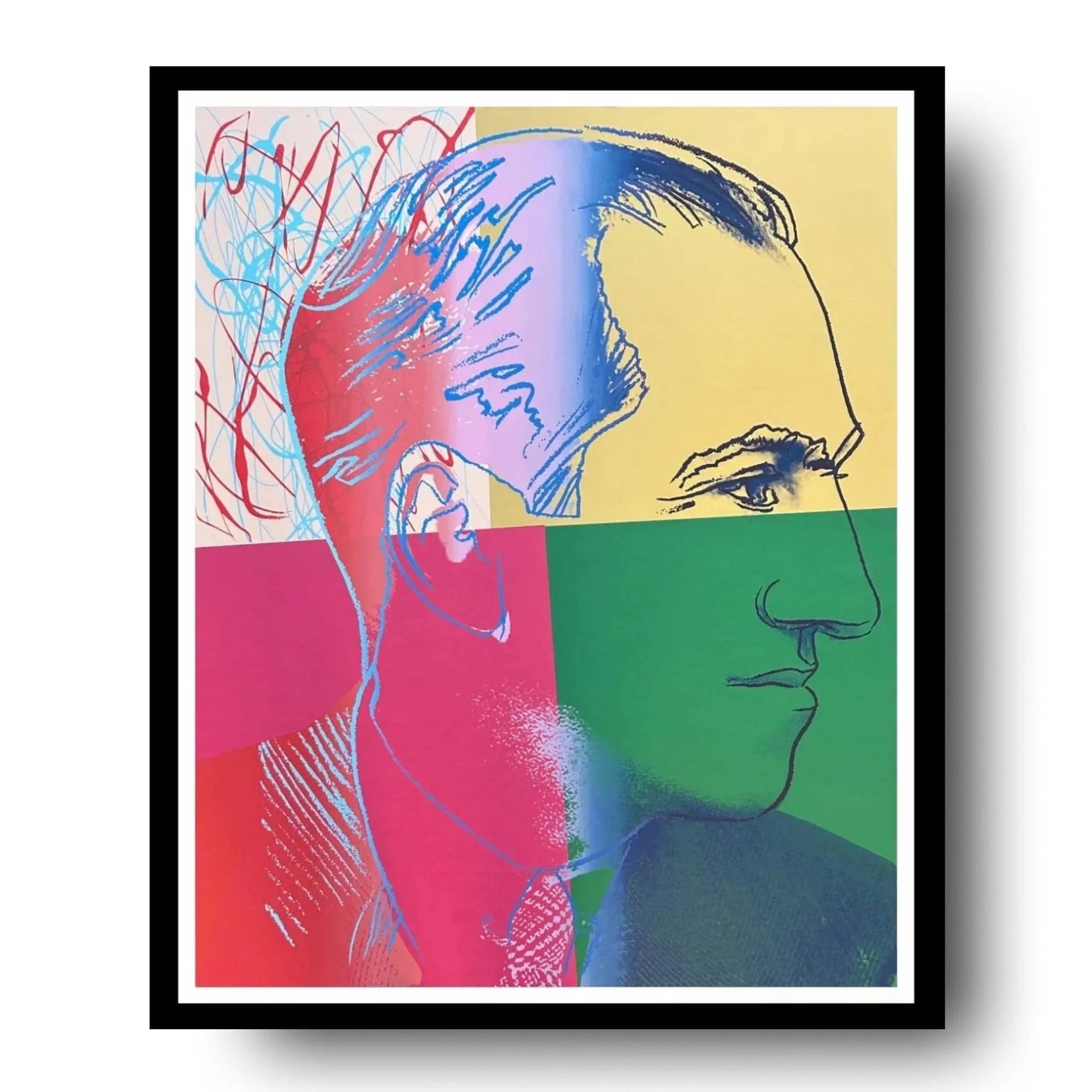 Colorful abstract portrait art print with a black frame.